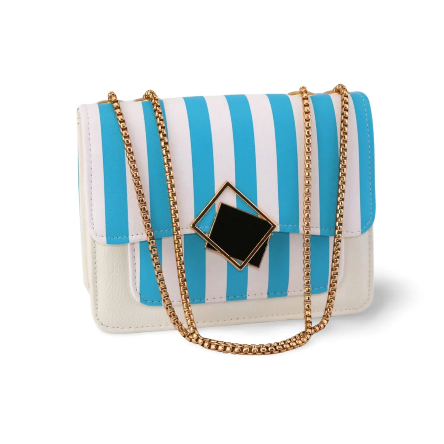 Stylish Striped Purse with Gold Chain and Black Square Pendant