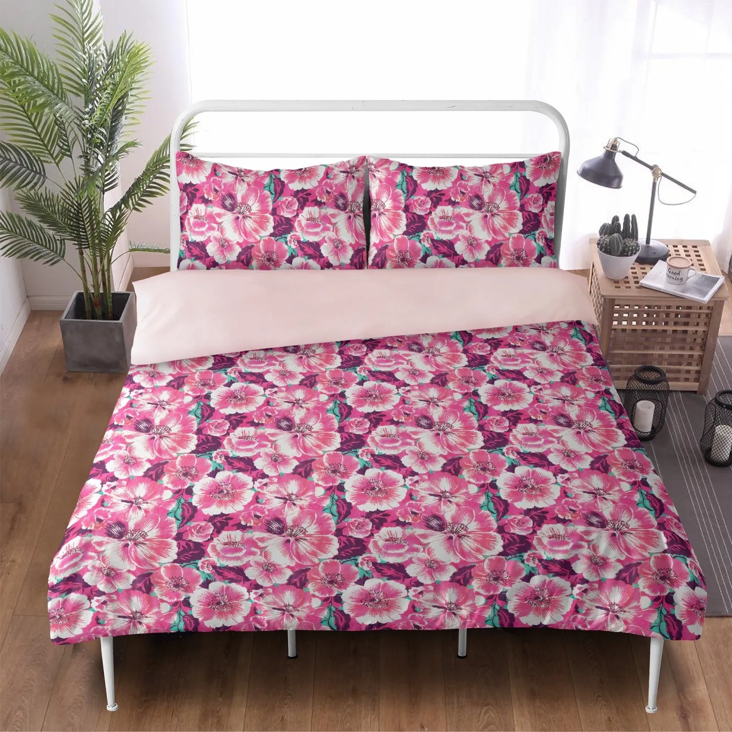 Vampire Art 3-Piece Retro Polyester Bedding Set - Pink Surfy Florals