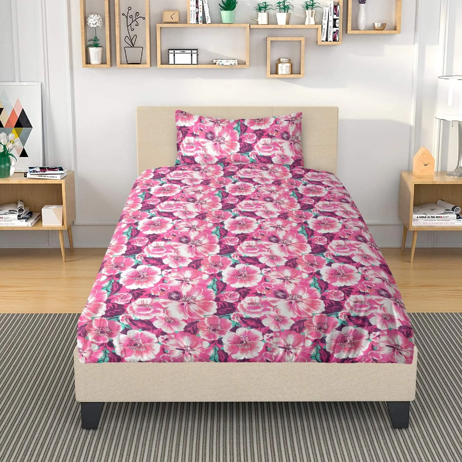 Vampire Art 3-Piece Retro Polyester Bedding Set - Pink Surfy Florals